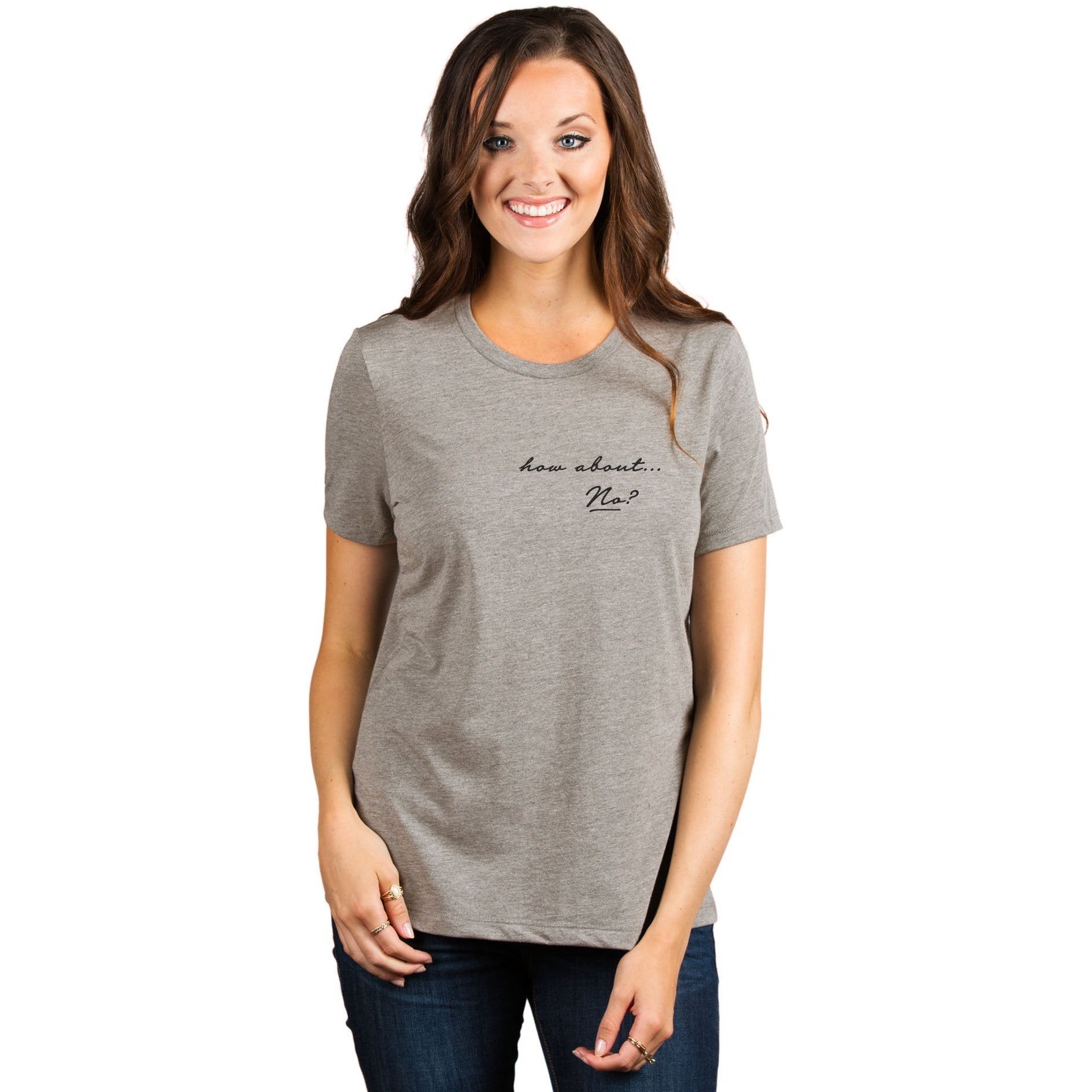 How About No Women's Relaxed Crewneck T-Shirt Top Tee Heather Tan Model