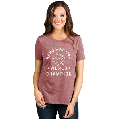 Hand Washing World Champion Women's Relaxed Crewneck T-Shirt Top Tee Heather Rouge Model
