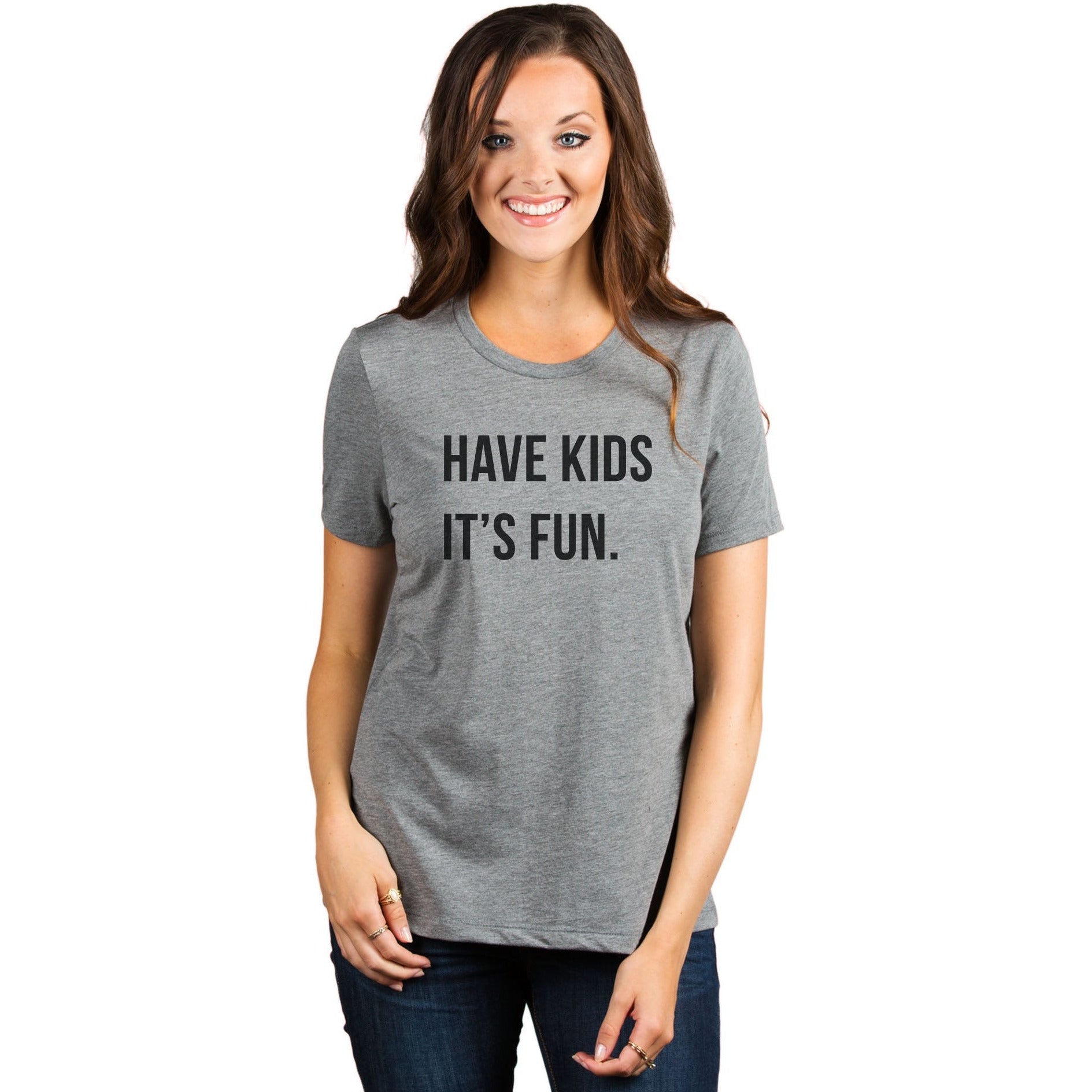 Have Kids It's Fun Women's Relaxed Crewneck T-Shirt Top Tee Heather Grey Model
