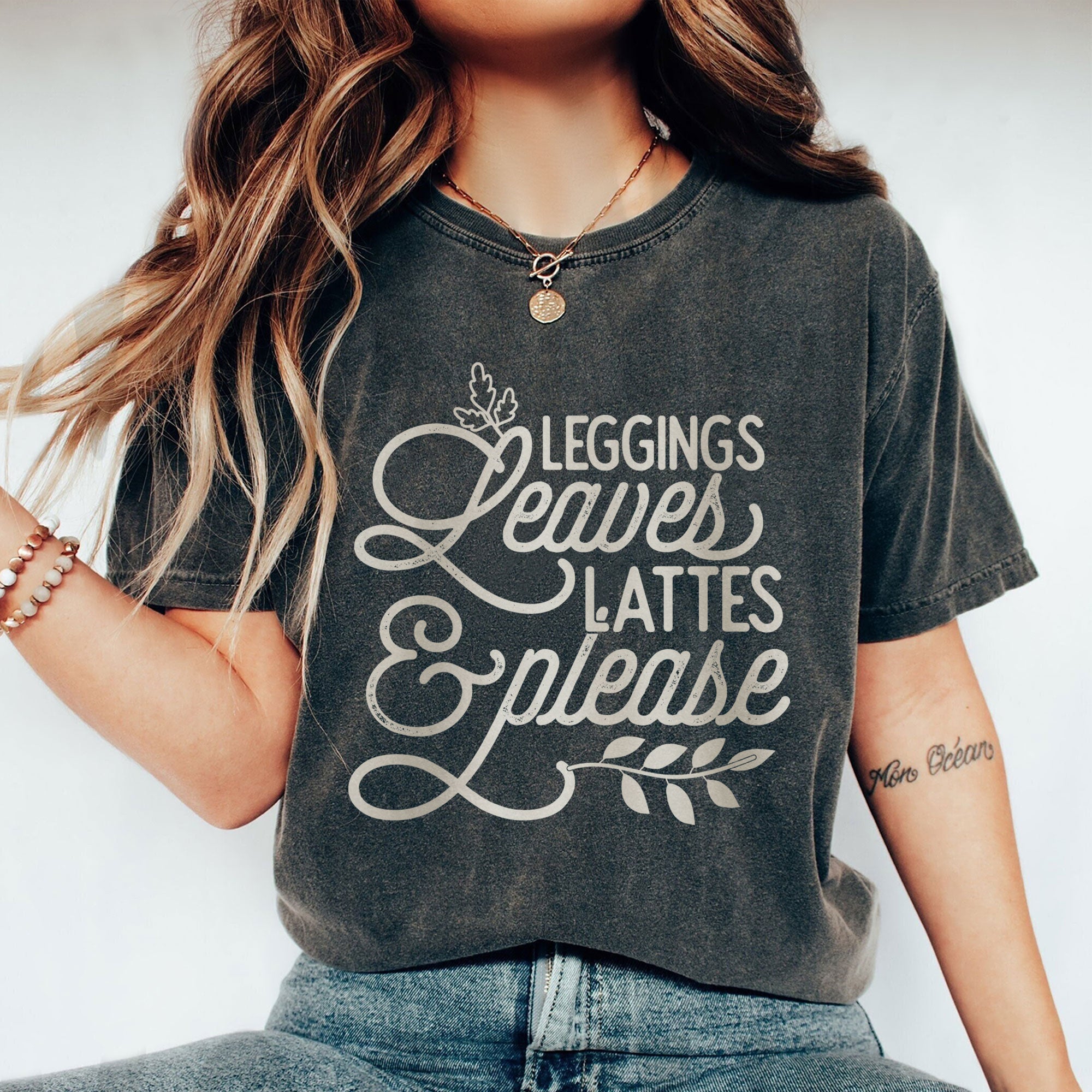 Leggings Leaves & Lattes Please Women's Relaxed Crewneck Graphic T
