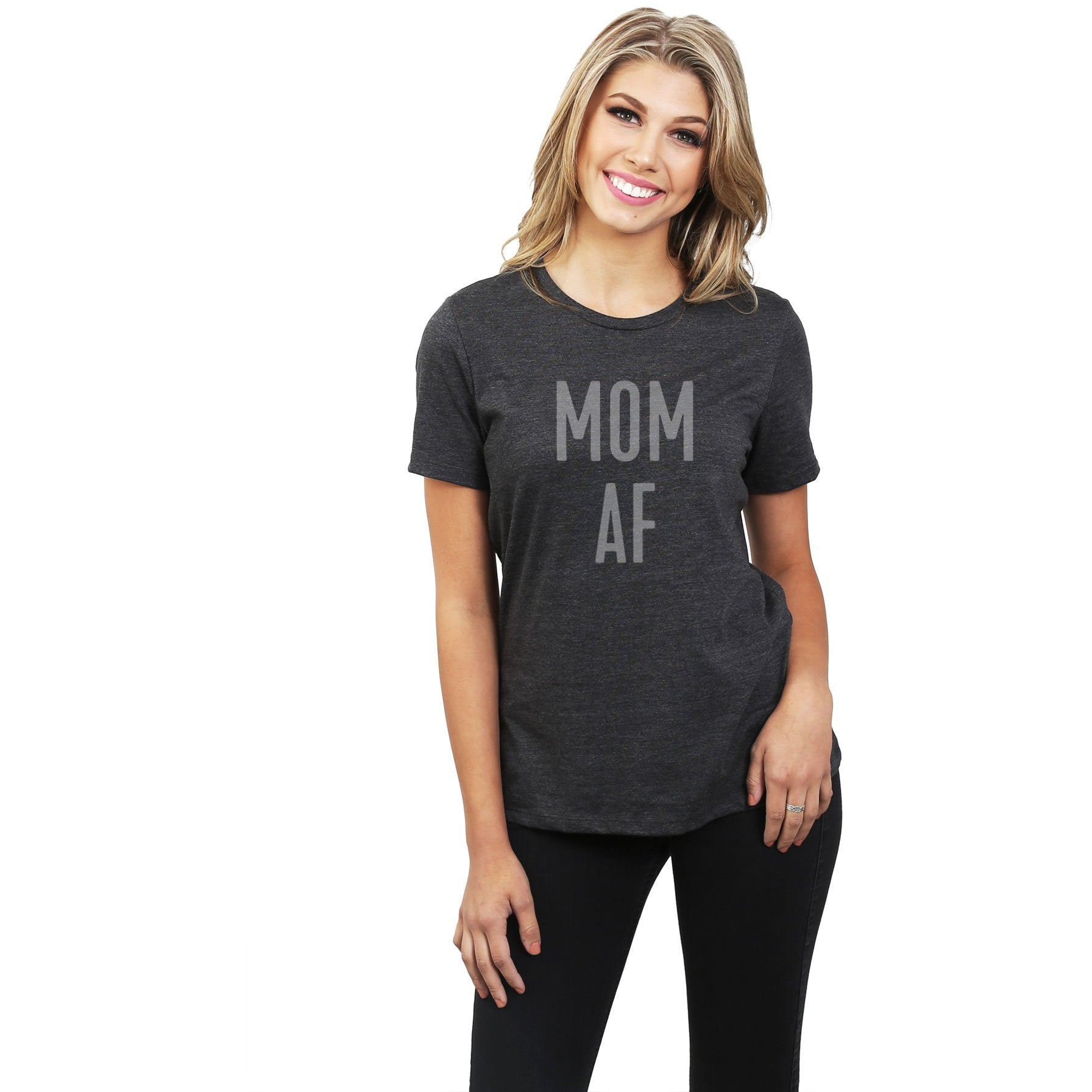 Mom AF Women's Relaxed Crewneck T-Shirt Top Tee Charcoal Grey Model