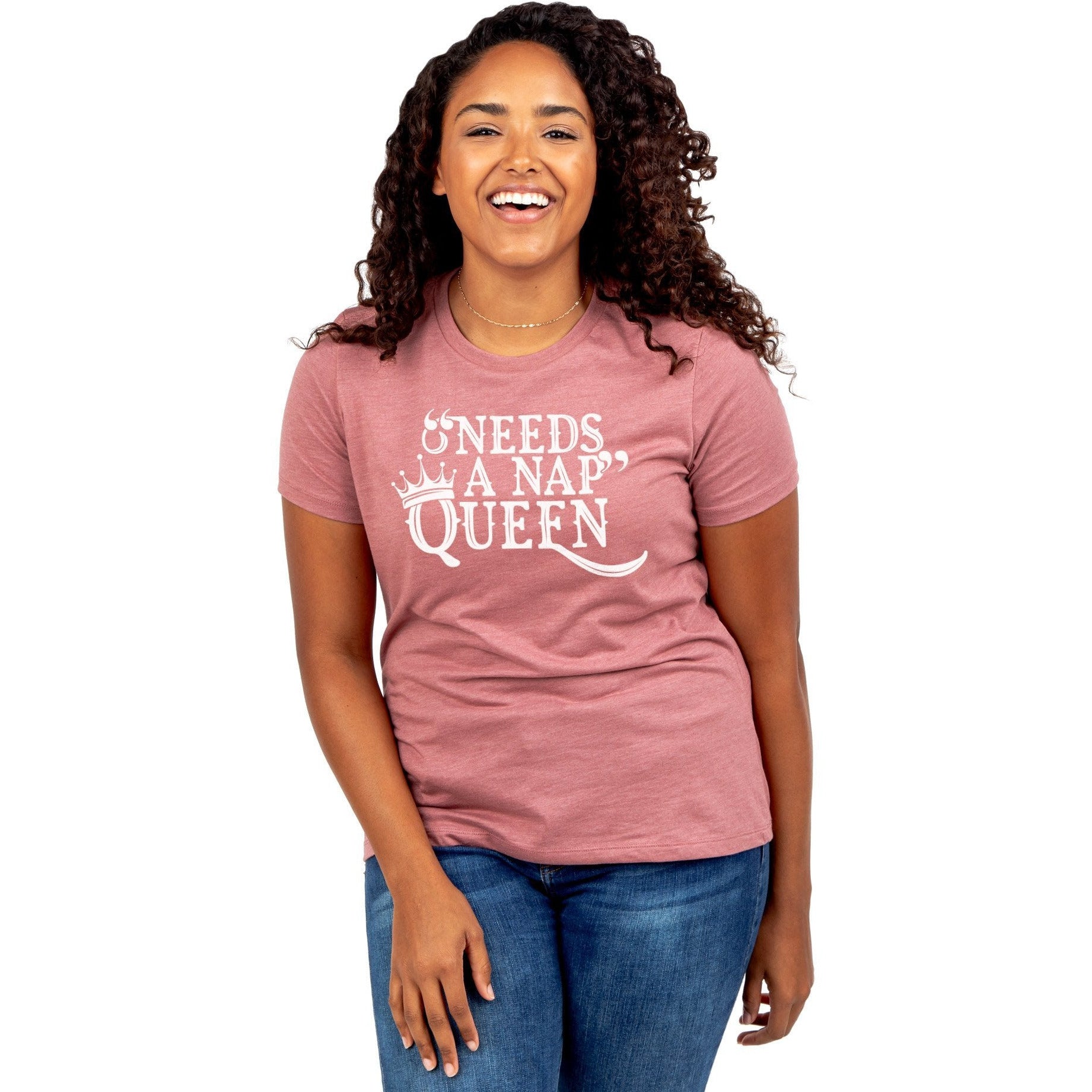 Needs A Nap Queen Women's Relaxed Crew T-Shirt Heather Gray Model