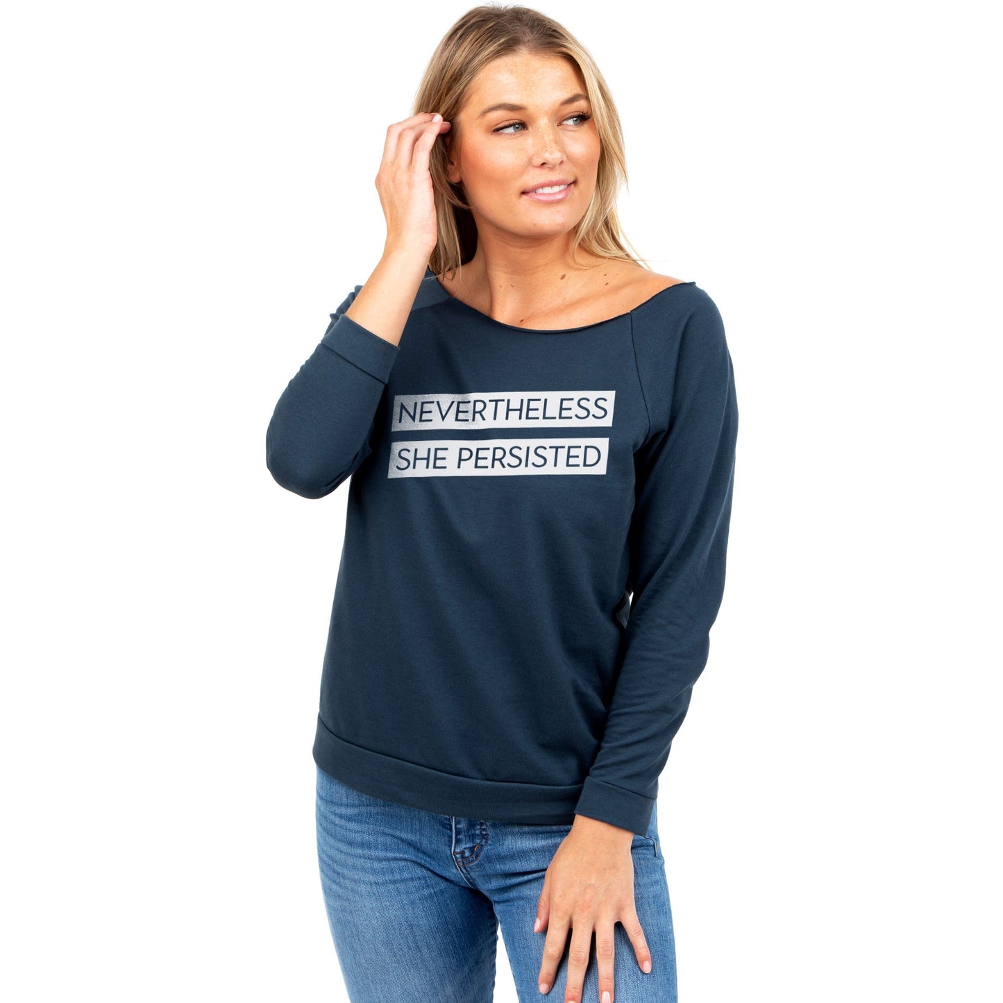 Nevertheless She Persisted Women's Graphic Printed Lightweight Slouchy 3/4 Sleeves Sweatshirt Navy Model