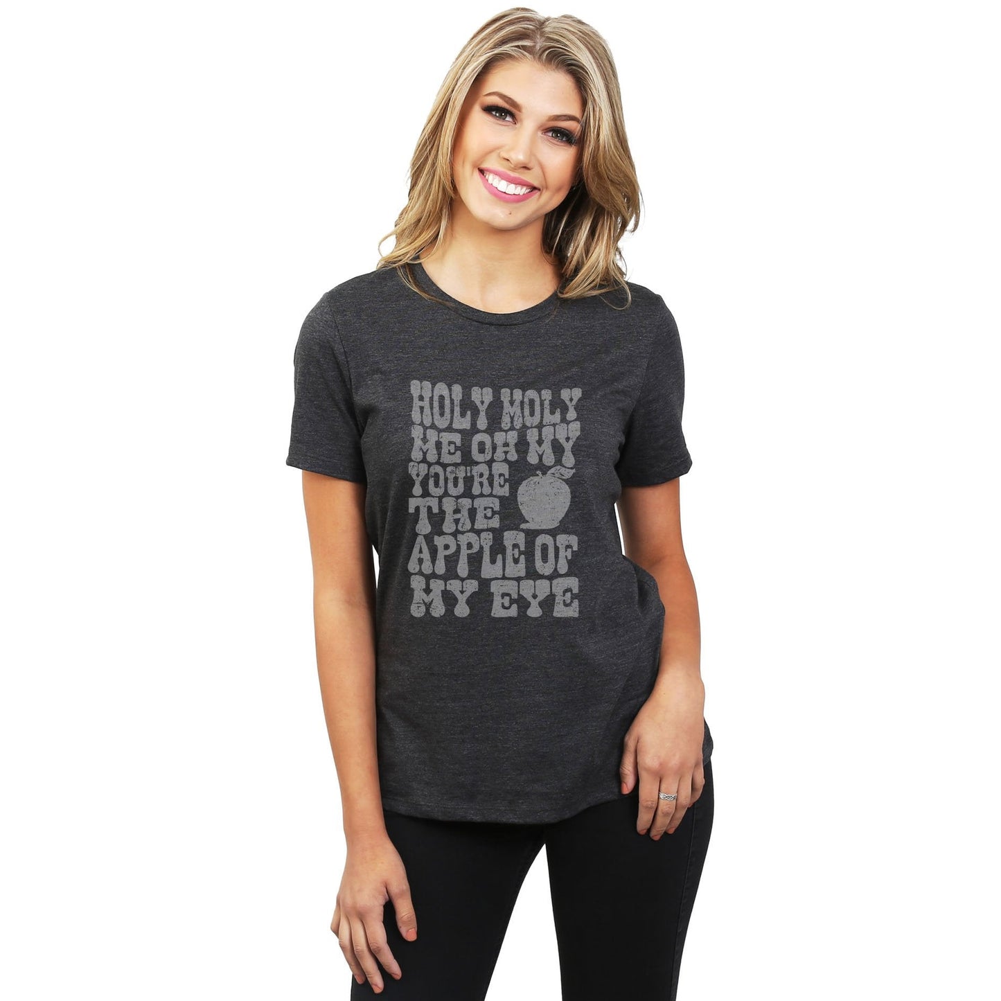 Holy Moly Me Oh My You're The Apple Of My Eye Women's Relaxed Crewneck T-Shirt Top Tee Charcoal Grey Model