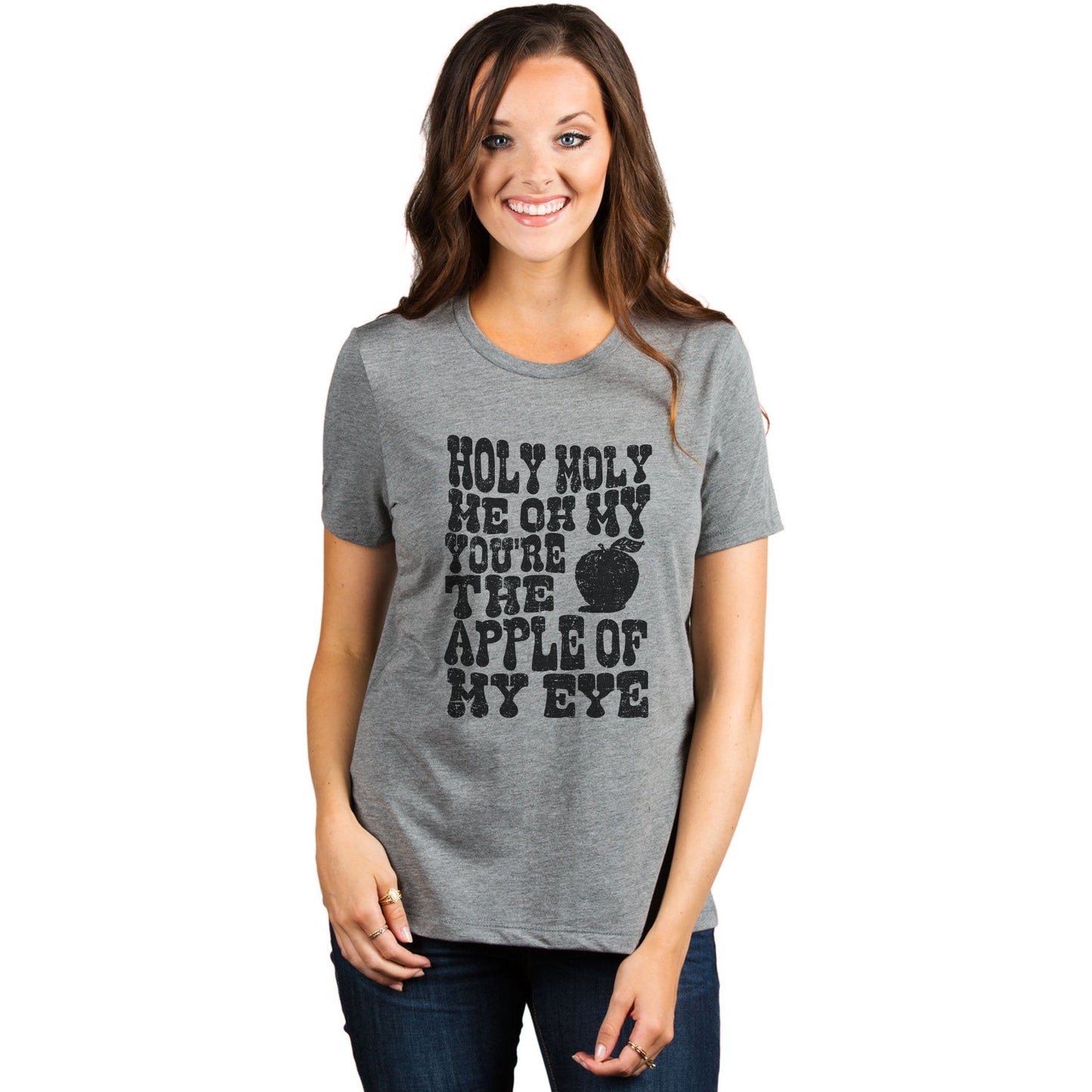 Holy Moly Me Oh My You're The Apple Of My Eye Women's Relaxed Crewneck T-Shirt Top Tee Heather Grey Model
