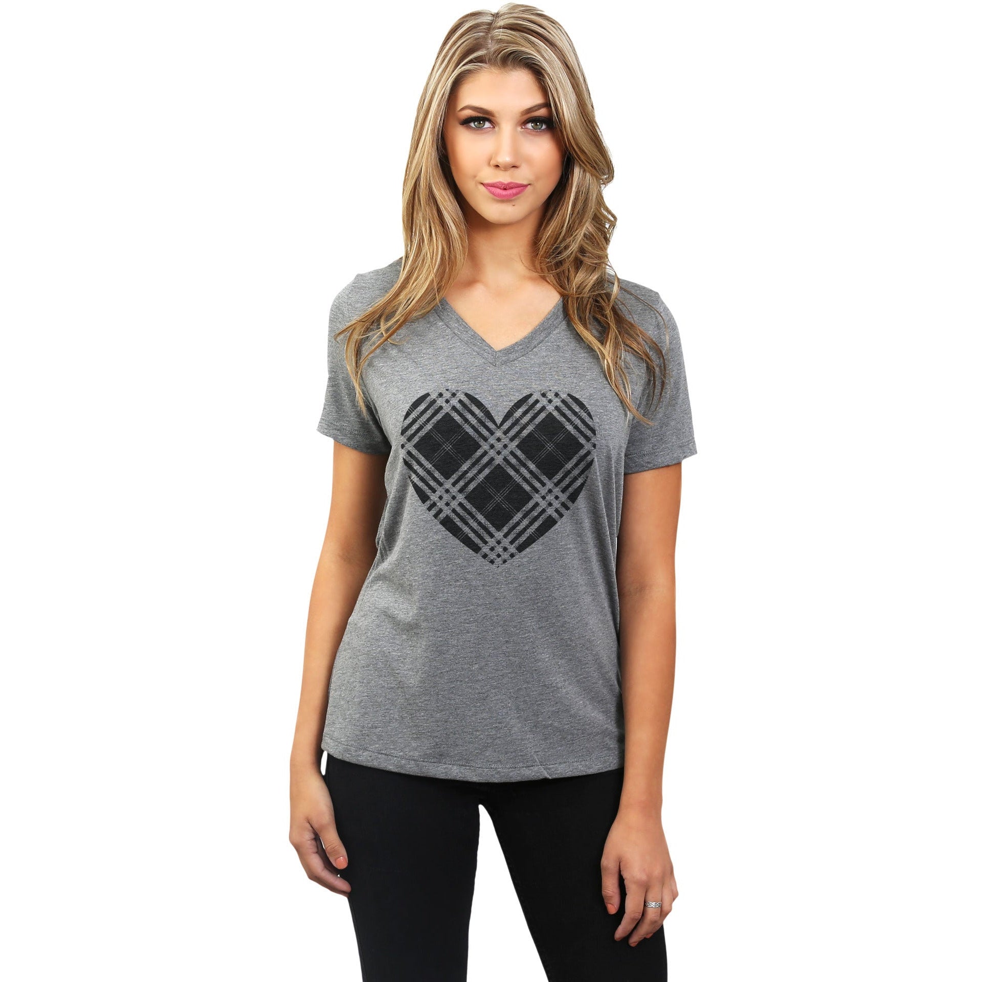 Plaid Heart Women's Relaxed Crewneck T-Shirt Top Tee Heather Grey Model