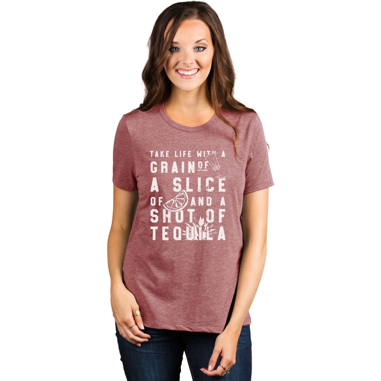 Grain Of Salt Slice Of Lime Shot Of Tequila Women's Relaxed Crewneck T-Shirt Top Tee Heather Rouge Model
