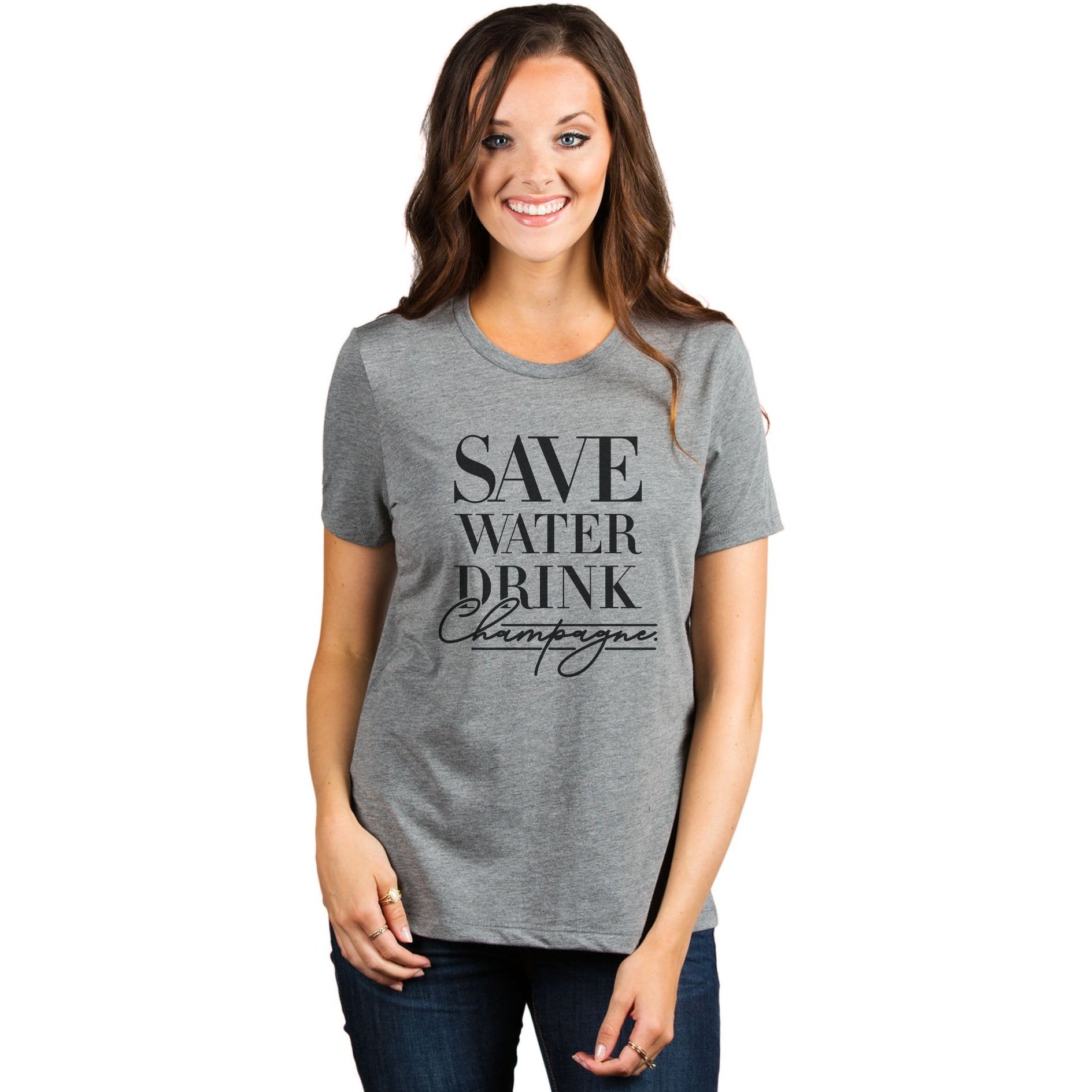 Save Water Drink Champagne Women's Relaxed Crewneck T-Shirt Top Tee Heather Grey Model
