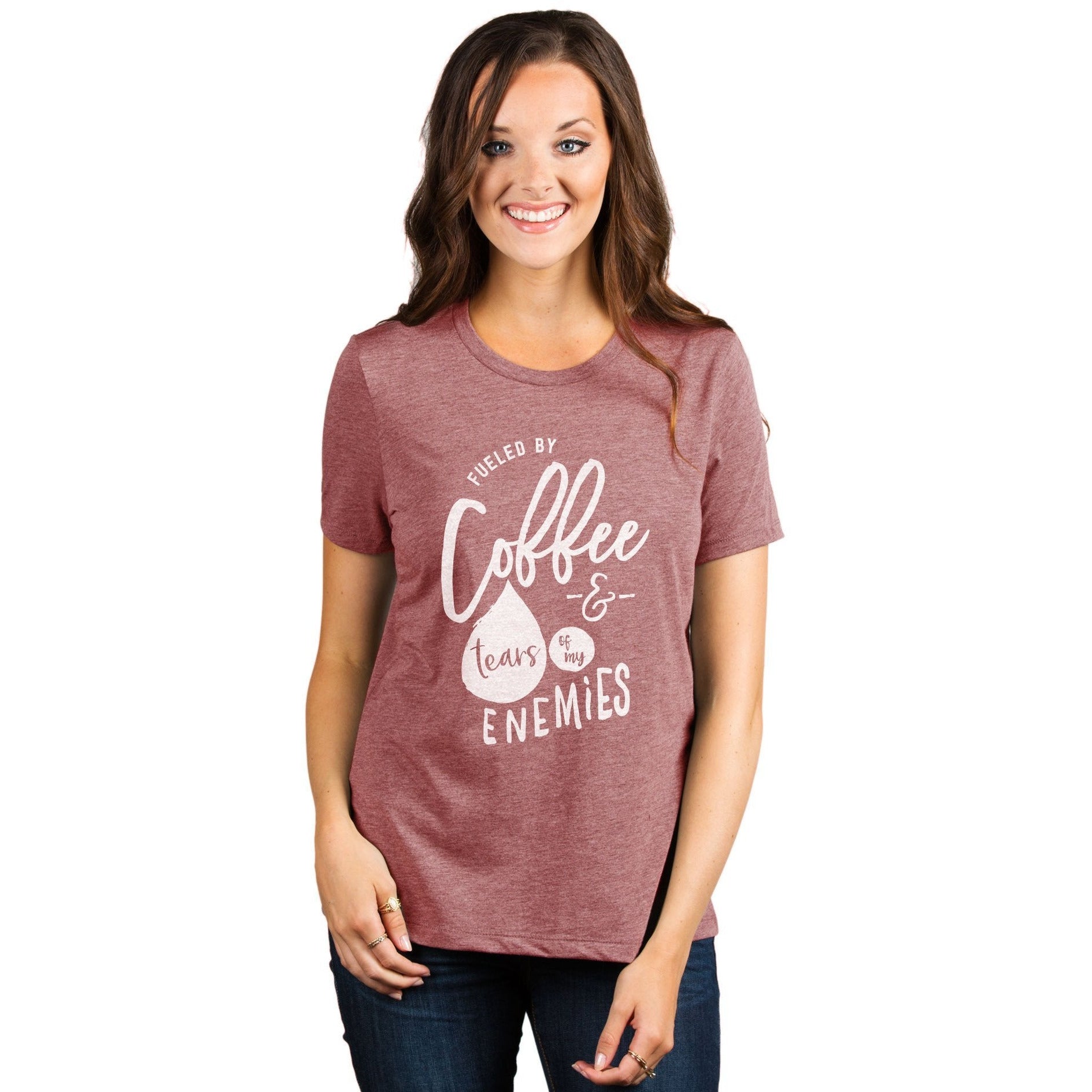Fueled By Coffee And Tears Of My Enemies Women's Relaxed Crewneck T-Shirt Top Tee Heather Rouge Model
