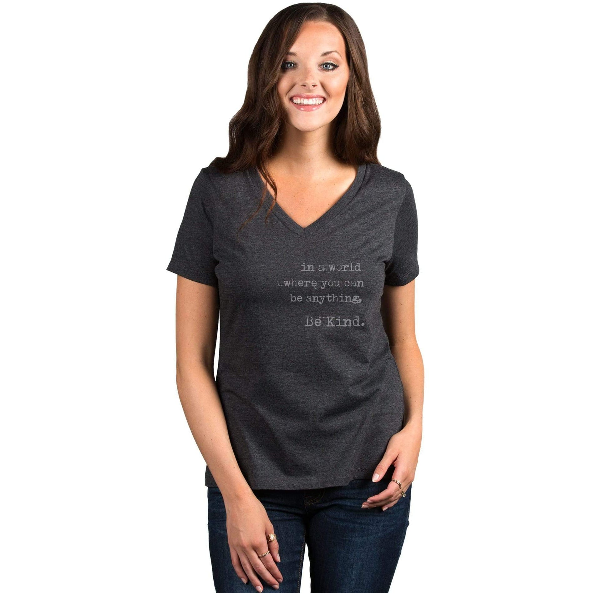 Be Anything Be Kind Women's Relaxed V-Neck T-Shirt Tee Heather Rouge ...